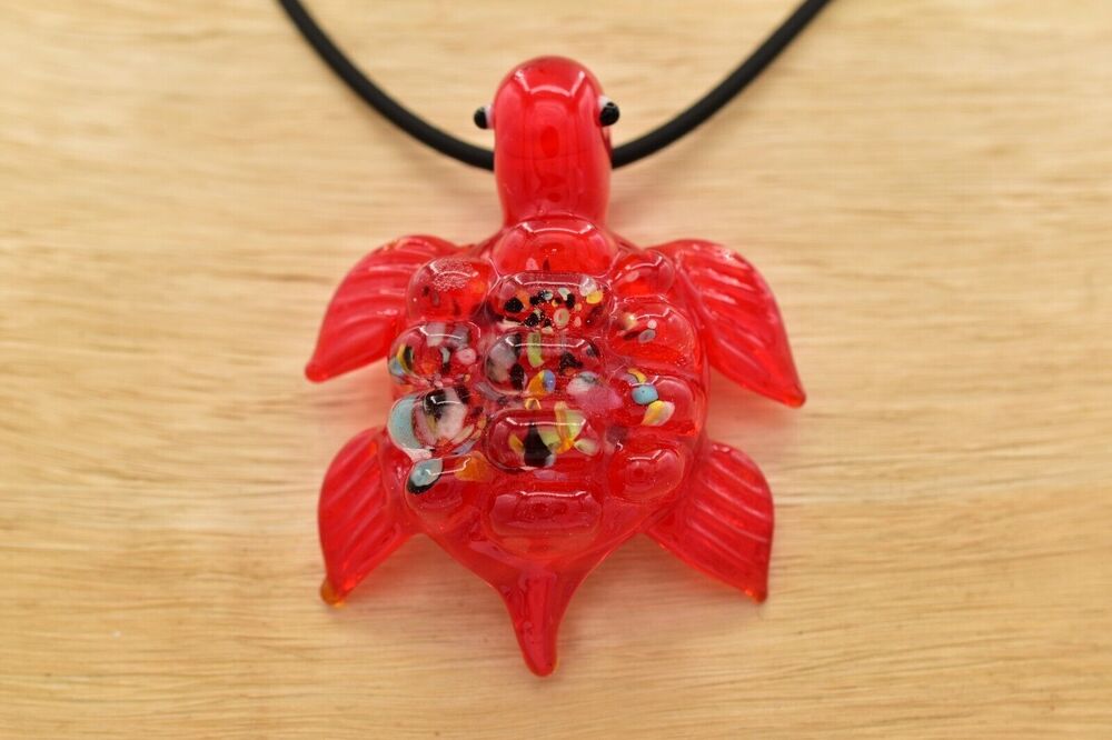 Vintage Glass Turtle Necklace Pendant Red Artisan Blown Handcrafted 80s BinA17